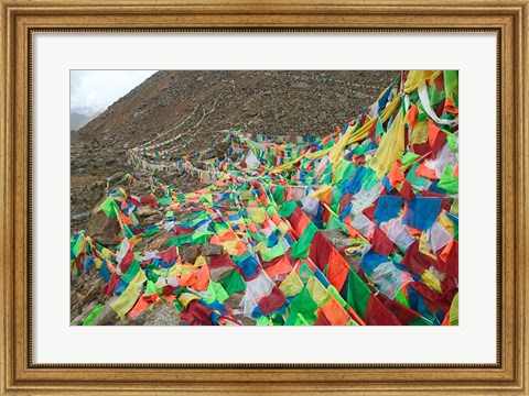 Framed Praying Flags with Mt. Quer Shan, Tibet-Sichuan, China Print