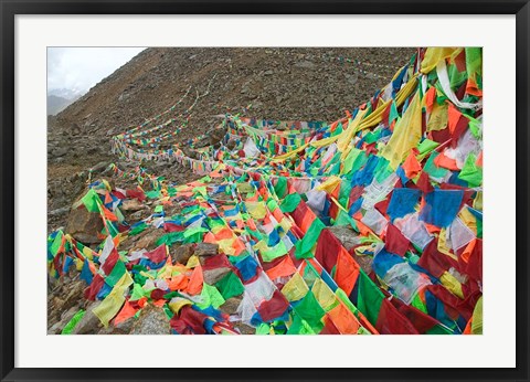 Framed Praying Flags with Mt. Quer Shan, Tibet-Sichuan, China Print