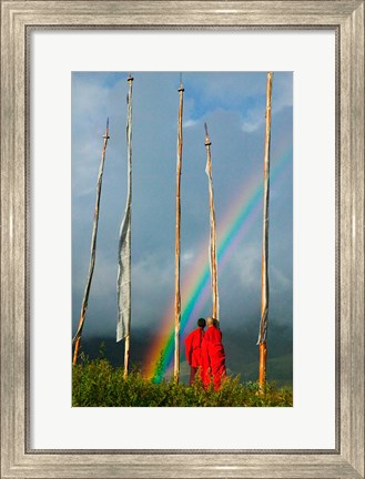 Framed Rainbow and Monks with Praying Flags, Phobjikha Valley, Gangtey Village, Bhutan Print