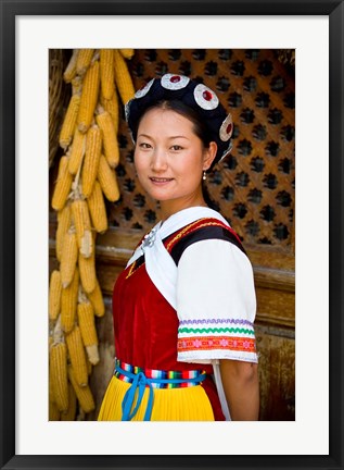 Framed Naxi Minority Woman in Traditional Ethnic Costume, China Print