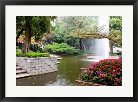 Framed Pond With Fountain in Kowloon Park, Tsim Sha Tsui Area, Kowloon, Hong Kong, China Print