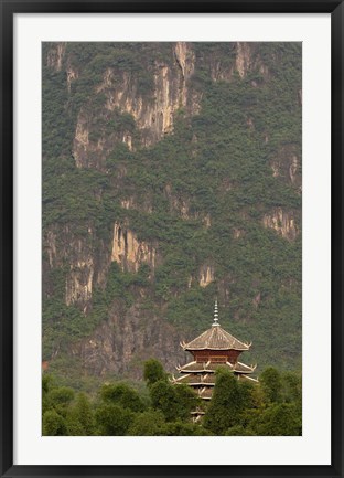 Framed Pagoda and giant karst peak behind, Yangshuo Bridge, China Print