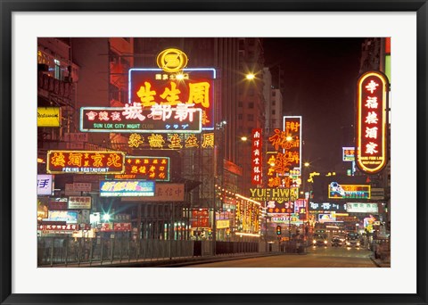 Framed Neon Lights at Night, Nathan Road, Hong Kong, China Print