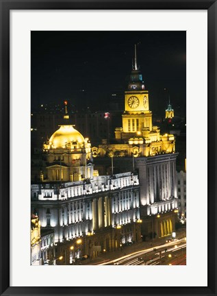 Framed Night View of Colonial Buildings on the Bund, Shanghai, China Print