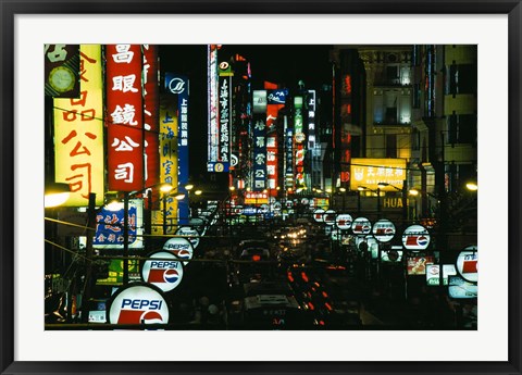 Framed Night View of Busy Nanjing Road, Shanghai, China Print