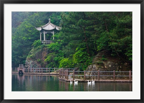 Framed Pavilion with lake in the mountain, Tiantai Mountain, Zhejiang Province, China Print