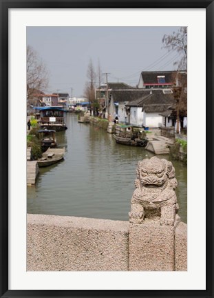 Framed Stone lion on bridge, Zhujiajiao, Shanghai, China Print