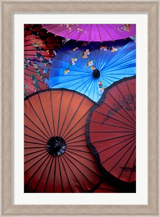 Framed Souvenir parasols for sale at a market, Rangoon, Burma Print