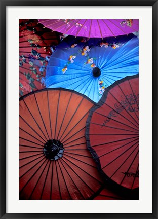 Framed Souvenir parasols for sale at a market, Rangoon, Burma Print