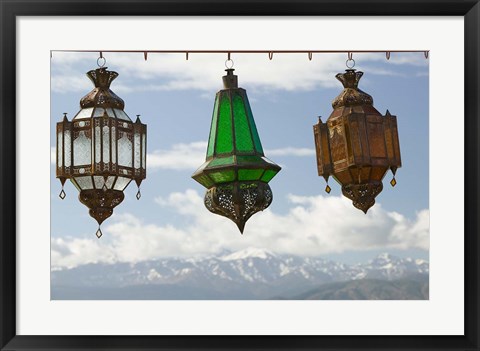 Framed View of the High Atlas Mountains and Lanterns for Sale, Ourika Valley, Marrakech, Morocco Print