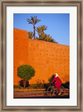 Framed Veiled Woman Bicycling Below Red City Walls, Marrakech, Morocco Print