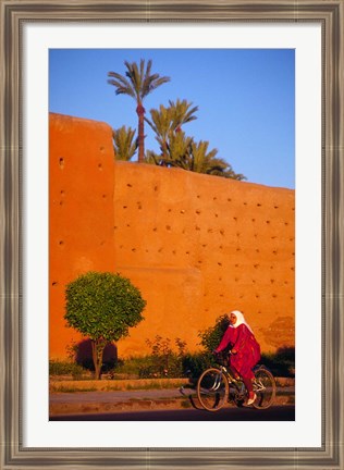 Framed Veiled Woman Bicycling Below Red City Walls, Marrakech, Morocco Print