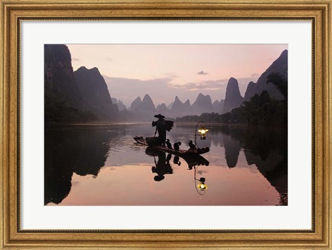 Framed Traditional Chinese Fisherman with Cormorants, Li River, Guilin, China Print