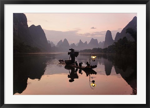 Framed Traditional Chinese Fisherman with Cormorants, Li River, Guilin, China Print