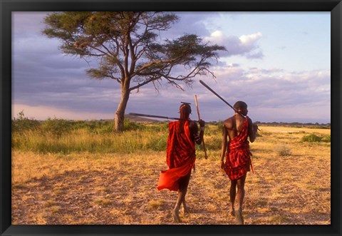 Framed Two Maasai Morans Walking with Spears at Sunset, Amboseli National Park, Kenya Print