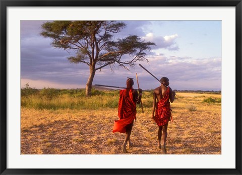 Framed Two Maasai Morans Walking with Spears at Sunset, Amboseli National Park, Kenya Print