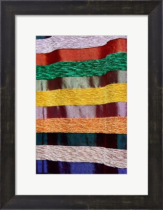 Framed Colorful silk textiles, Fes, Morocco, Africa Print