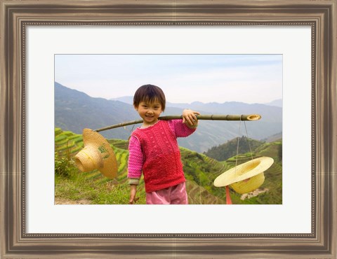 Framed Young Girl Carrying Shoulder Pole with Straw Hats, China Print