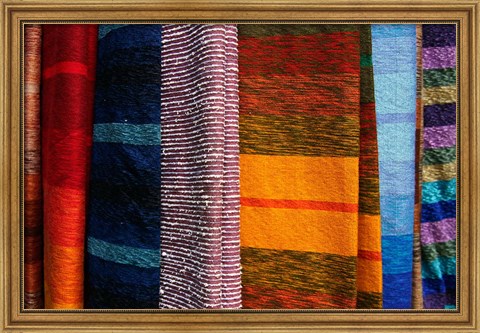 Framed Woven Moroccan silk scarves, Fes, Morocco, Africa Print