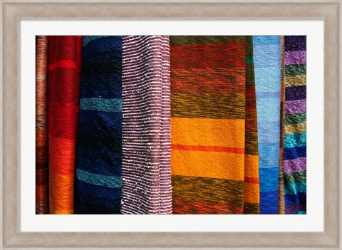 Framed Woven Moroccan silk scarves, Fes, Morocco, Africa Print