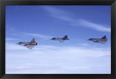 Framed Saab JA 37 Viggen and Saab JAS 39 Gripen fighters of the Swedish Air Force Print