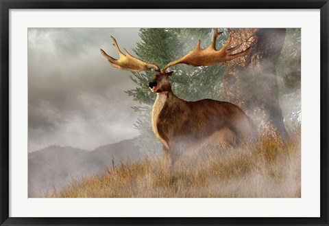 Framed Irish Elk stands in deep grass on a foggy hillside Print