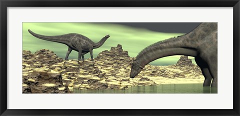 Framed Two Dicraeosaurus dinosaurs in a desert landscape Print