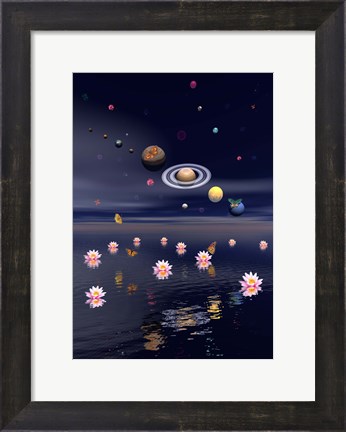 Framed Planets of the solar system surrounded by lotus flowers and butterflies Print