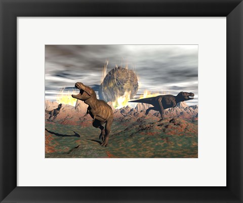 Framed Tyrannosaurus Rex dinosaurs escaping a big meteorite crash Print