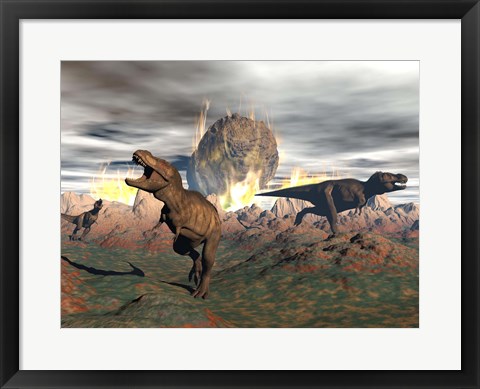Framed Tyrannosaurus Rex dinosaurs escaping a big meteorite crash Print