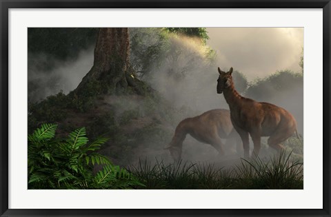 Framed pair of Macrauchenia grazing in a prehistoric forest Print