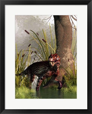 Framed Lycaenops stalking through a shallow prehistoric wetland Print