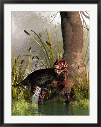 Framed Lycaenops stalking through a shallow prehistoric wetland Print