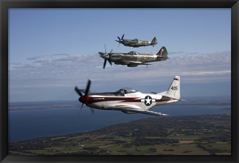 Framed P-51 Cavalier Mustang with Supermarine Spitfire fighter warbirds Print