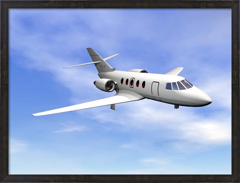 Framed Private jet plane flying in cloudy blue sky Print