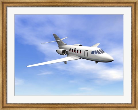 Framed Private jet plane flying in cloudy blue sky Print