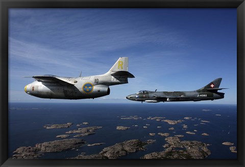 Framed Saab J 29 and Hawker Hunter vintage jet fighters of the Swedish Air Force Historic Flight Print