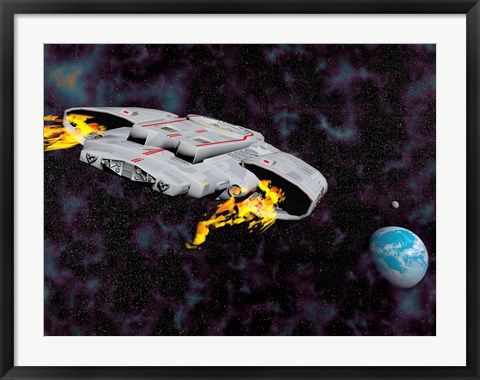 Framed Spaceship with afterburners engaged as it approaches planet Earth Print