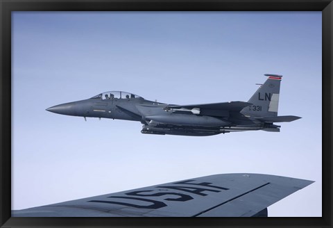 Framed US Air Force F-15E Strike Eagle over the wing of a KC-135 Stratotanker Print