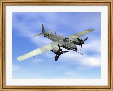 Framed World War II era German aircraft with swastika flying in the sky Print