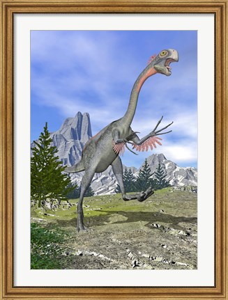 Framed Gigantoraptor dinosaur running in the mountains Print