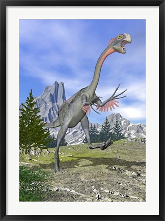 Framed Gigantoraptor dinosaur running in the mountains Print