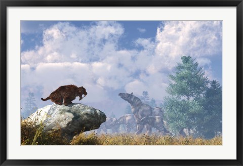 Framed Eusmilus watches a herd of Paraceratherium Print