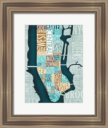 Framed Manhattan Map Blue Brown Print