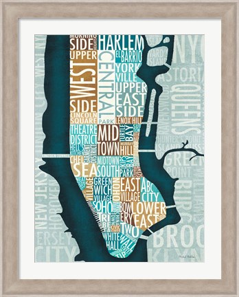 Framed Manhattan Map Blue Brown Print