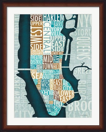 Framed Manhattan Map Blue Brown Print