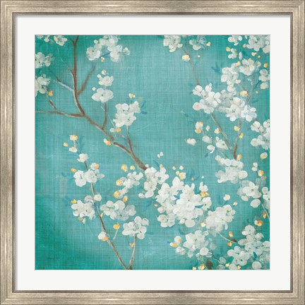 Framed White Cherry Blossoms II on Blue Aged No Bird Print