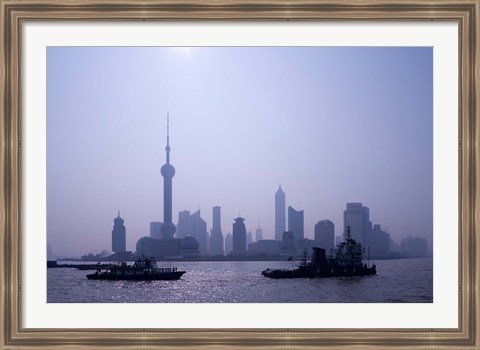 Framed Water Traffic along Huangpu River Passing Oriental TV Tower and Pudong Skyline, Shanghai, China Print