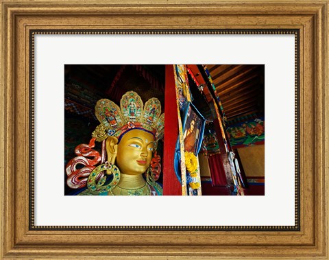 Framed Dalai Lama Picture Beside Maitreya Buddha, Thiksey Monastery, Thiksey, Ladakh, India Print