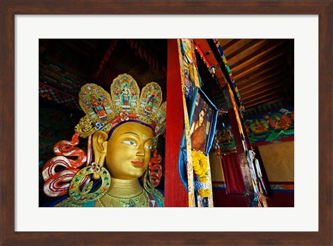 Framed Dalai Lama Picture Beside Maitreya Buddha, Thiksey Monastery, Thiksey, Ladakh, India Print